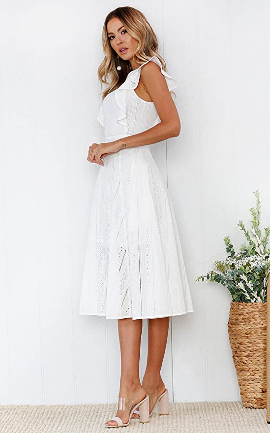 White Womens Dresses Elegant Ruffles Cap Sleeves Summer A-Line Midi Dress - ECOWISH | Women's Cocktail Dresses