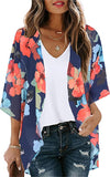 Oil Ink Blue Women's Floral Print Puff Sleeve Kimono Cardigan Loose Cover Up Casual Blouse Tops - Chicgal | Women's Cardigan