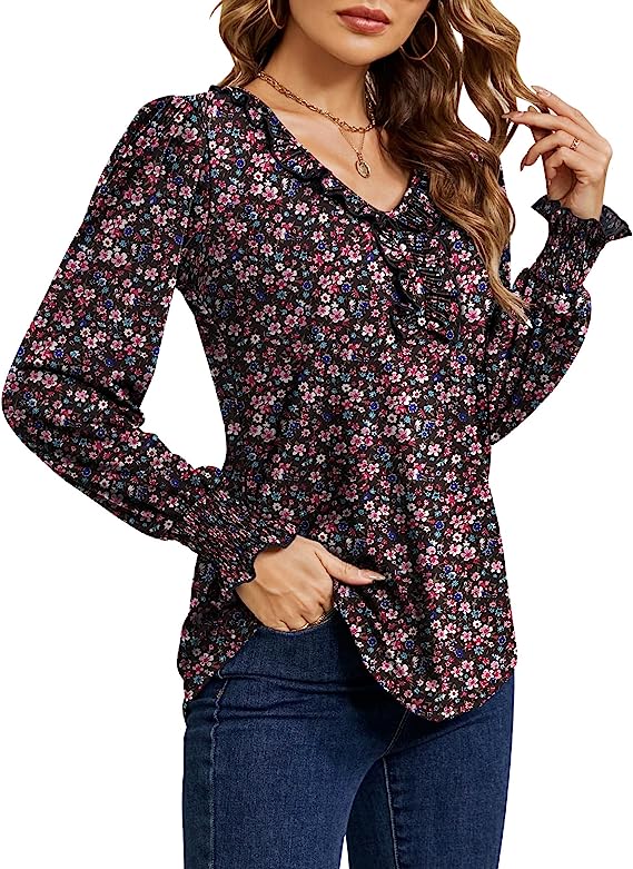 Floral Print D Casual V Neck T Shirts Loose Summer Tops Ruffle - Ivicoer | Women's Tops and Blouses