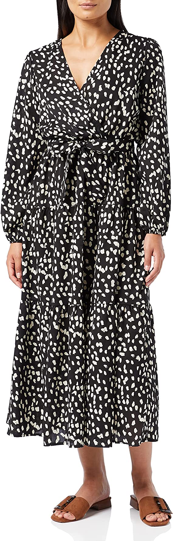 Black Boho Print Maxi Dress Ruffle Long Sleeve Wrap V Neck Casual A Line Flowy Party Long Dress with Belt - Find | Women's Casual Dresses