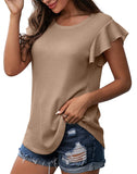 Pink Ruffle Short Sleeve Top Waffle Knit Tunic Casual Blouse Round Neck Shirts Summer Tank Tops for Women - IWOLLENCE | Women's Tops and Blouses