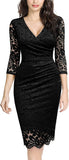 Black Women's Retro Deep-V Neck Ruffles Floral Lace Evening Pencil Dress - Miusol | Women's Cocktail Dresses