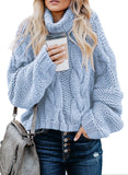 Sky Blue Women's Turtleneck Balloon Long Sleeve Casual Loose Chunky Cable Knit Pullover Sweater Outerwear - FARYSAYS | Women's Sweaters