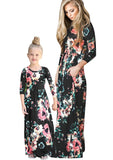 Floral Black 2 Long Sleeve Summer Cute Mommy and Me Boho Striped Chevron Maxi Dresses - WIWIQS | Women's Casual Dresses