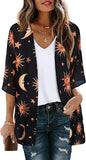 Moon Star Print Women's Floral Print Puff Sleeve Kimono Cardigan Loose Cover Up Casual Blouse Tops - Chicgal | Women's Cardigan