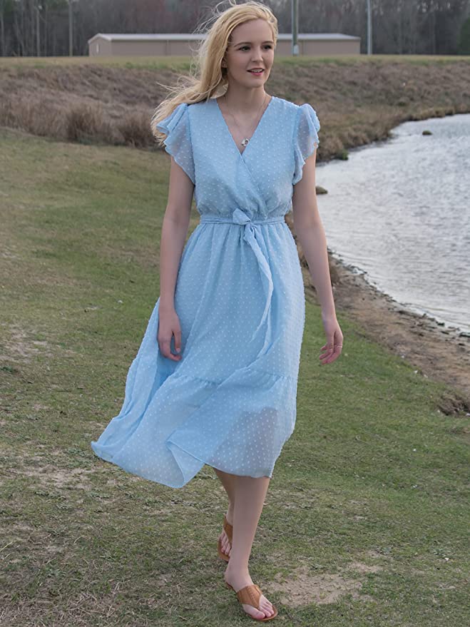 Swiss Dot Light Green Women Summer Bohemian Floral Casual Wrap V Neck Ruffle Cap Sleeveless Belt A-Line Pleated Hem Swing Midi Sun Dress - BTFBM | Women's Casual Dresses