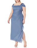 Dusty Blue Glitter Women's Plus Size Long Cold Shoulder Dress with Ruched Skirt - Alex Evenings | Women's Cocktail Dresses
