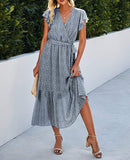 Dark Blue Women Summer Bohemian Floral Casual Wrap V Neck Ruffle Cap Sleeveless Belt A-Line Pleated Hem Swing Midi Sun Dress - BTFBM | Women's Casual Dresses