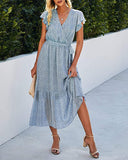 Light Blue Women Summer Bohemian Floral Casual Wrap V Neck Ruffle Cap Sleeveless Belt A-Line Pleated Hem Swing Midi Sun Dress - BTFBM | Women's Casual Dresses