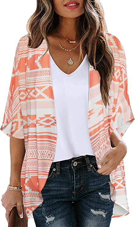 Boho Orange Geometry Women's Floral Print Puff Sleeve Kimono Cardigan Loose Cover Up Casual Blouse Tops - Chicgal | Women's Cardigan