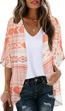 Boho Orange Geometry Women's Floral Print Puff Sleeve Kimono Cardigan Loose Cover Up Casual Blouse Tops - Chicgal | Women's Cardigan