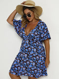 Blue Floral Women's Plus Size Striped Print Wrap V Neck Short Sleeve A Line Dress - Floerns | Women's Formal Dresses