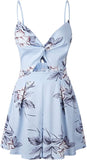 Light Blue Women's Sexy V Neck Printed Spaghetti Strap Beach Romper Shorts Jumpsuit - Angashion | Women's Cocktail Dresses