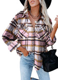 Pink Check Womens Corduroy Button Down Shirts Boyfriend Long Sleeve Oversized Blouses Tops - Dokotoo | Women's Tops and Blouses