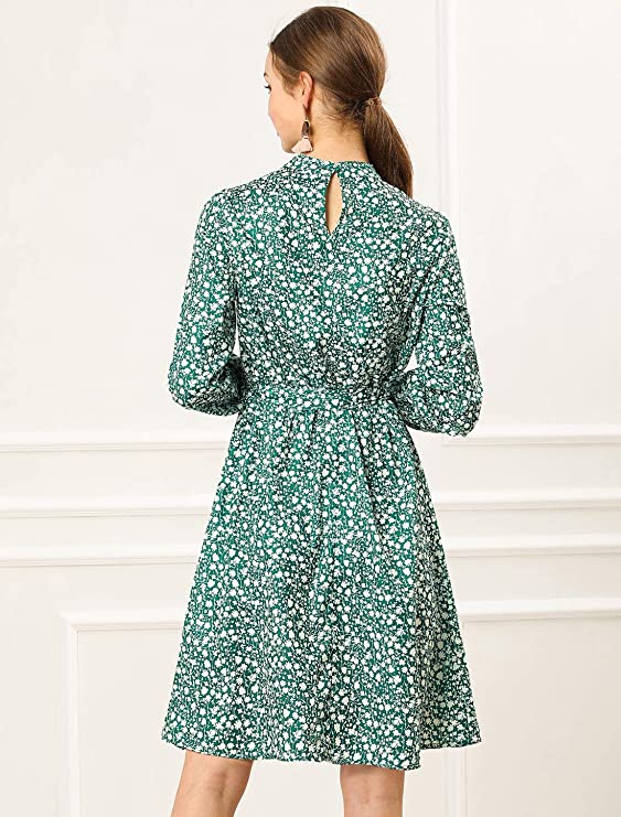 Brown Mock Neck Long Sleeve Tie Waist Flare Floral Midi Dress - Allegra K | Women's Casual Dresses