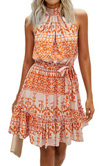 Color Block Orange Women Floral Dresses Casual Summer Sleeveless Halter Neck Ruffle Belt Boho Polka Dot Leopard Print Sun Short Dress - BTFBM | Women's Casual Dresses