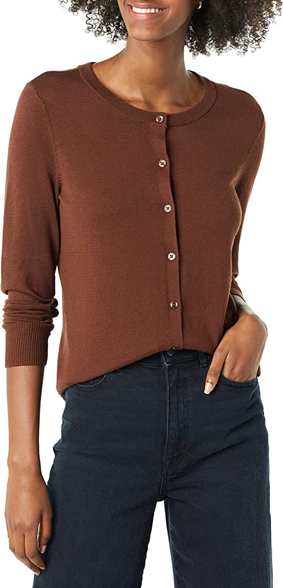 Brown Women's Lightweight Crewneck Cardigan Sweater (Available in Plus Size) - AE Store | Women's Cardigan