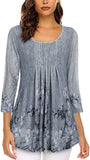 Multi Gray Women's Casual 3/4 Sleeve Tunic Tops Floral Double Layers Blouses Loose Fit Pleated Mesh Shirts - Timeson | Women's Tops and Blouses