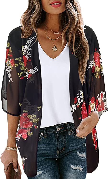 Black Floral Women's Floral Print Puff Sleeve Kimono Cardigan Loose Cover Up Casual Blouse Tops - Chicgal | Women's Cardigan