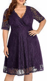 Purple Women Lace V Neck Plus Size Half Sleeve Knee Length Cocktail Wedding Guest Swing Dress - Pinup | Women's Cocktail Dresses