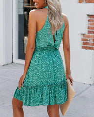 Polka Dot Green Women Floral Dresses Casual Summer Sleeveless Halter Neck Ruffle Belt Boho Polka Dot Leopard Print Sun Short Dress - BTFBM | Women's Casual Dresses