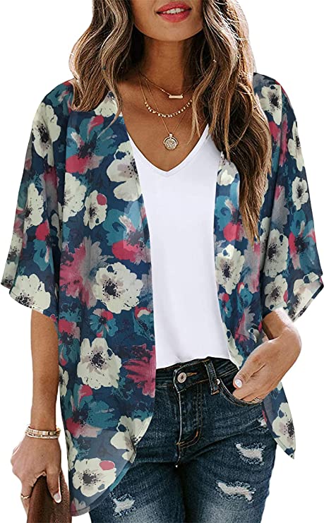 Navyblue Floral Women's Floral Print Puff Sleeve Kimono Cardigan Loose Cover Up Casual Blouse Tops - Chicgal | Women's Cardigan