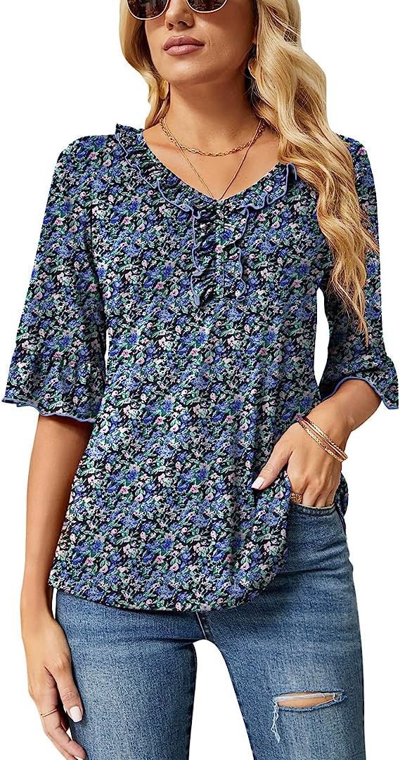 Black Floral Print Casual V Neck T Shirts Loose Summer Tops Ruffle - Ivicoer | Women's Tops and Blouses