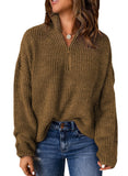 Khaki Sweaters for Women Waffle Kint Long Sleeve Zip Pullover Polo V Neck Sweater for Women - EVALESS | Women's Sweaters