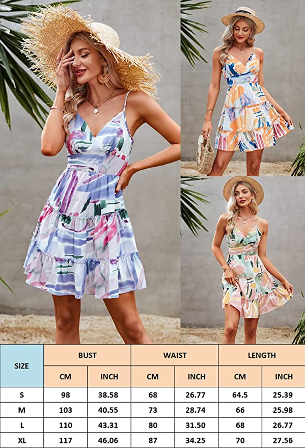 Blue Orange Womens V-Neck Spaghetti Strap Bowknot Backless Sleeveless Lace Mini Swing Skater Dress - Ecowish | Women's Casual Dresses