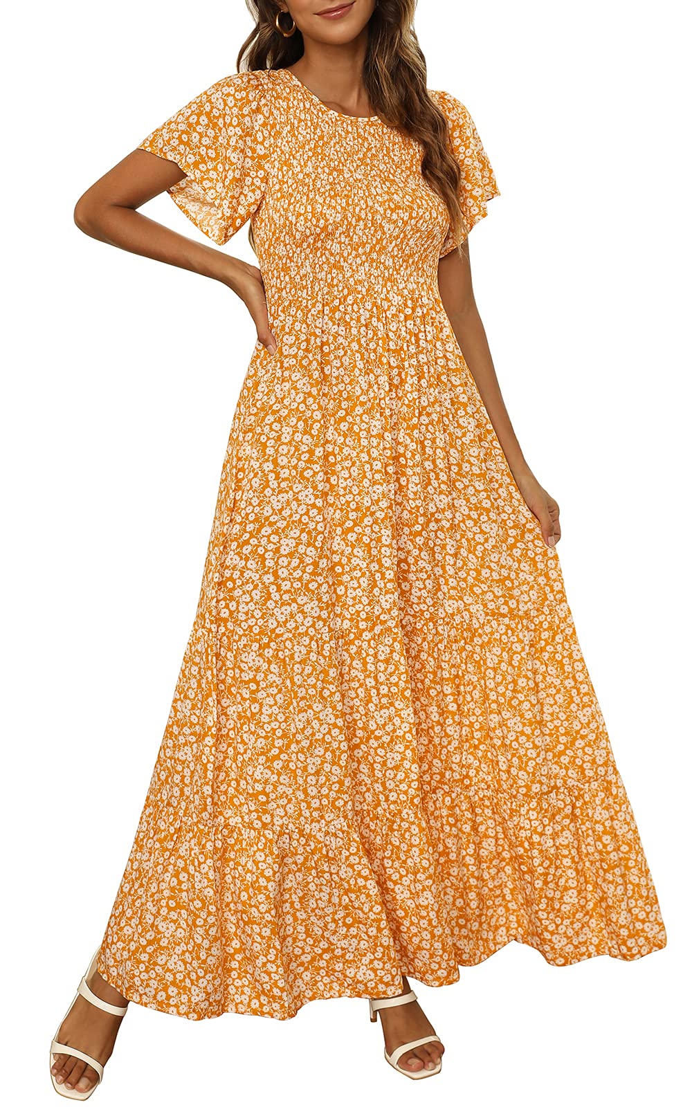 kranda maxi dress Kranda Round Neck Puff Long Sleeve Smocked Ruffle Floral Maxi Dress Brown S at Amazon Women's Clothing store