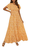 Yellow Women's Round Neck Short Flutter Sleeve Smocked Ruffle Floral Maxi Dress - Kranda | Women's Formal Dresses