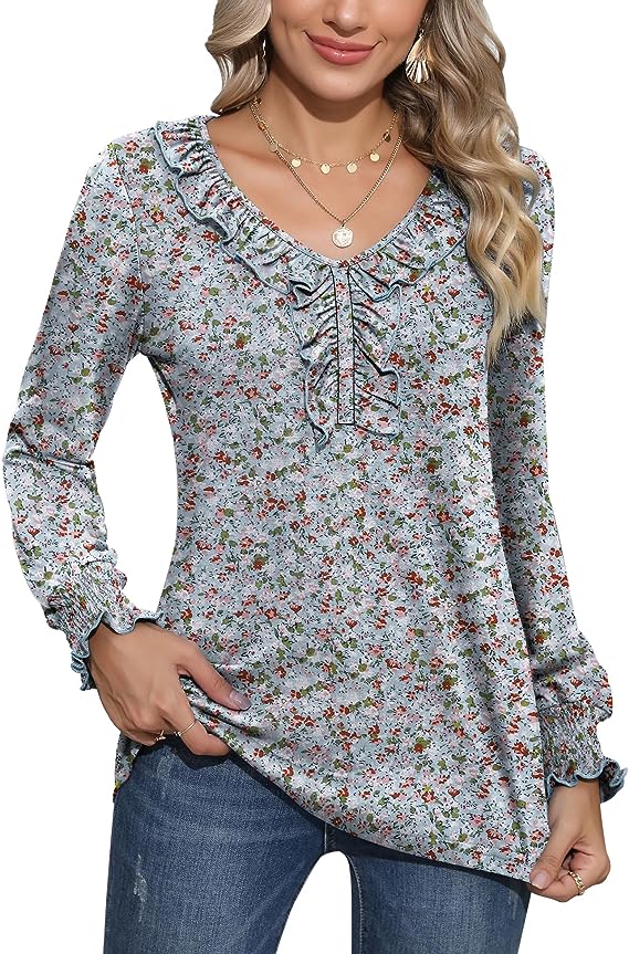 Light Blue Floral Casual V Neck T Shirts Loose Summer Tops Ruffle - Ivicoer | Women's Tops and Blouses