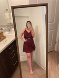 Wine Womens V-Neck Spaghetti Strap Bowknot Backless Sleeveless Lace Mini Swing Skater Dress - Ecowish | Women's Casual Dresses