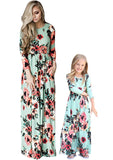 Floral Green Long Sleeve Summer Cute Mommy and Me Boho Striped Chevron Maxi Dresses - WIWIQS | Women's Casual Dresses