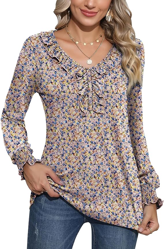 Pink Floral Casual V Neck T Shirts Loose Summer Tops Ruffle - Ivicoer | Women's Tops and Blouses