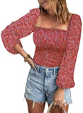 Red Long Sleeve Blouses for Women Puff Long Sleeve Square Neck Tops Off The Shoulder Floral - EVALESS | Women's Tops and Blouses