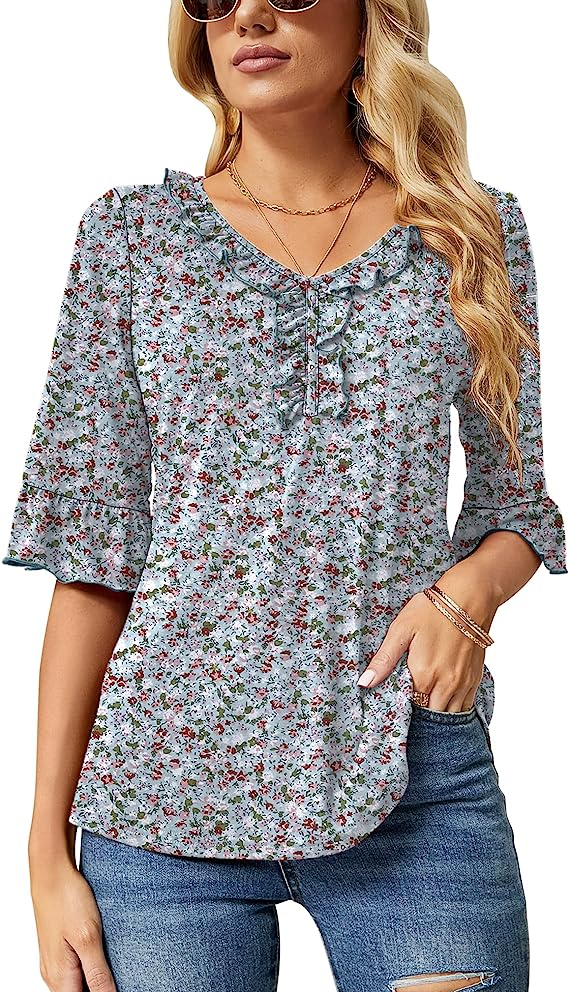 Light Blue Floral Print Casual V Neck T Shirts Loose Summer Tops Ruffle - Ivicoer | Women's Tops and Blouses
