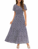 Navy Floral Women's Round Neck Short Flutter Sleeve Smocked Ruffle Floral Maxi Dress - Kranda | Women's Formal Dresses