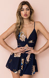 Navy Blue Women's Sexy V Neck Printed Spaghetti Strap Beach Romper Shorts Jumpsuit - Angashion | Women's Cocktail Dresses