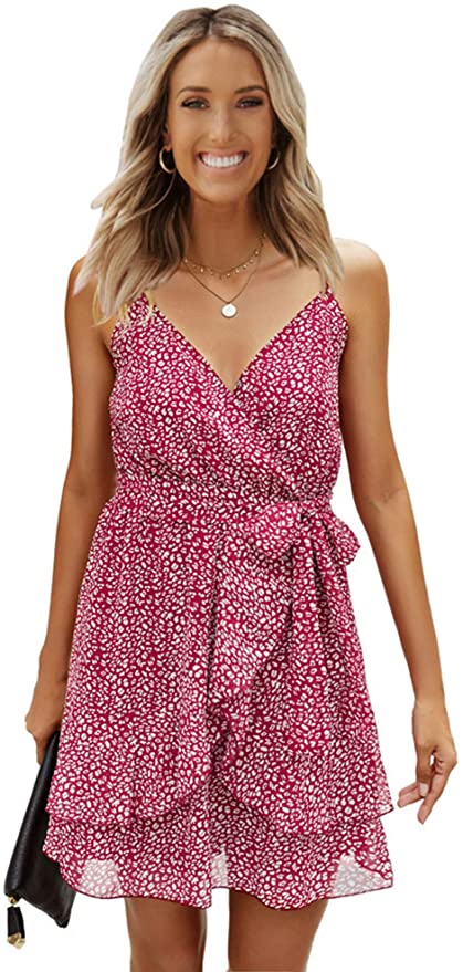 Red Womens V-Neck Spaghetti Strap Bowknot Backless Sleeveless Lace Mini Swing Skater Dress - Ecowish | Women's Casual Dresses