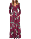 Wine Red Floral Ladies Summer Casual V Neck Short Long Sleeve Floral Pattern Wrap Ladies Maxi Long Dress with Pockets - OUGES | Women's Evening Gowns