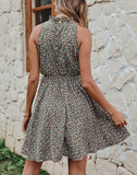 Floral Print Dark Green Women Floral Dresses Casual Summer Sleeveless Halter Neck Ruffle Belt Boho Polka Dot Leopard Print Sun Short Dress - BTFBM | Women's Casual Dresses