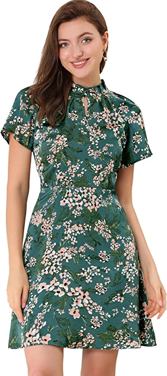 Emerald Green Ruffled Collar Keyhole Front Raglan Sleeve Casual A-Line Floral Dress - Allegra K | Women's Casual Dresses