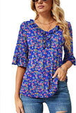 Roral Blue Boho Floral Casual V Neck T Shirts Loose Summer Tops Ruffle - Ivicoer | Women's Tops and Blouses