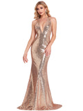 Women's Deep V-Neck Halter Backless Maxi Sequin Mermaid Wedding Guest Dresses  - Sara Clothes