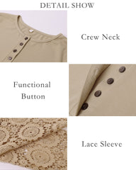 Lace Khaki Women Long Sleeve V Neck Button Up Solid Tops Blouses Trendy Slim Fit Lace Sleeves Ribbed Knit Casual Shirts Tunic - BTFBM | Women's Tops and Blouses