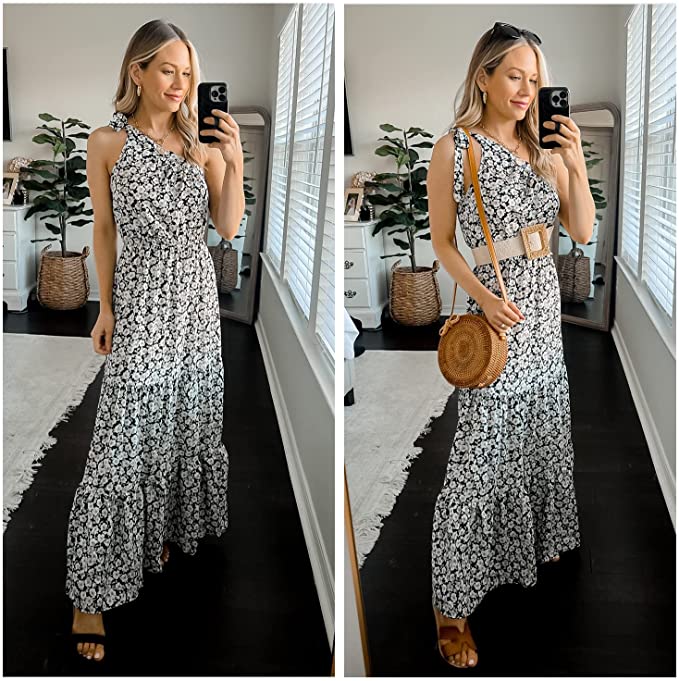 Black White Women's Summer Floral Maxi Dresses - Prettygarden | Women's Formal Dresses