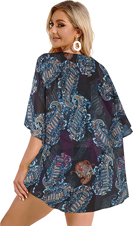 Black Floral Women's Floral Print Puff Sleeve Kimono Cardigan Loose Cover Up Casual Blouse Tops - Chicgal | Women's Cardigan