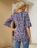 Purple Floral Print Casual V Neck T Shirts Loose Summer Tops Ruffle - Ivicoer | Women's Tops and Blouses