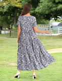 Gray Flower Women Casual Loose Bohemian Floral Dress with Pockets Short Sleeve Long Maxi Summer Beach Swing Dress - Yesno | Women's Casual Dresses